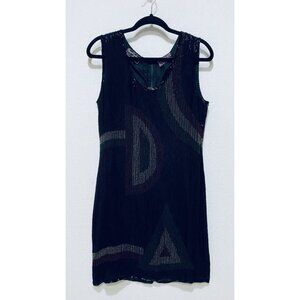 Royal Feelings Dress Womens Medium Black Beaded Geo Print Slinky Retro Holiday